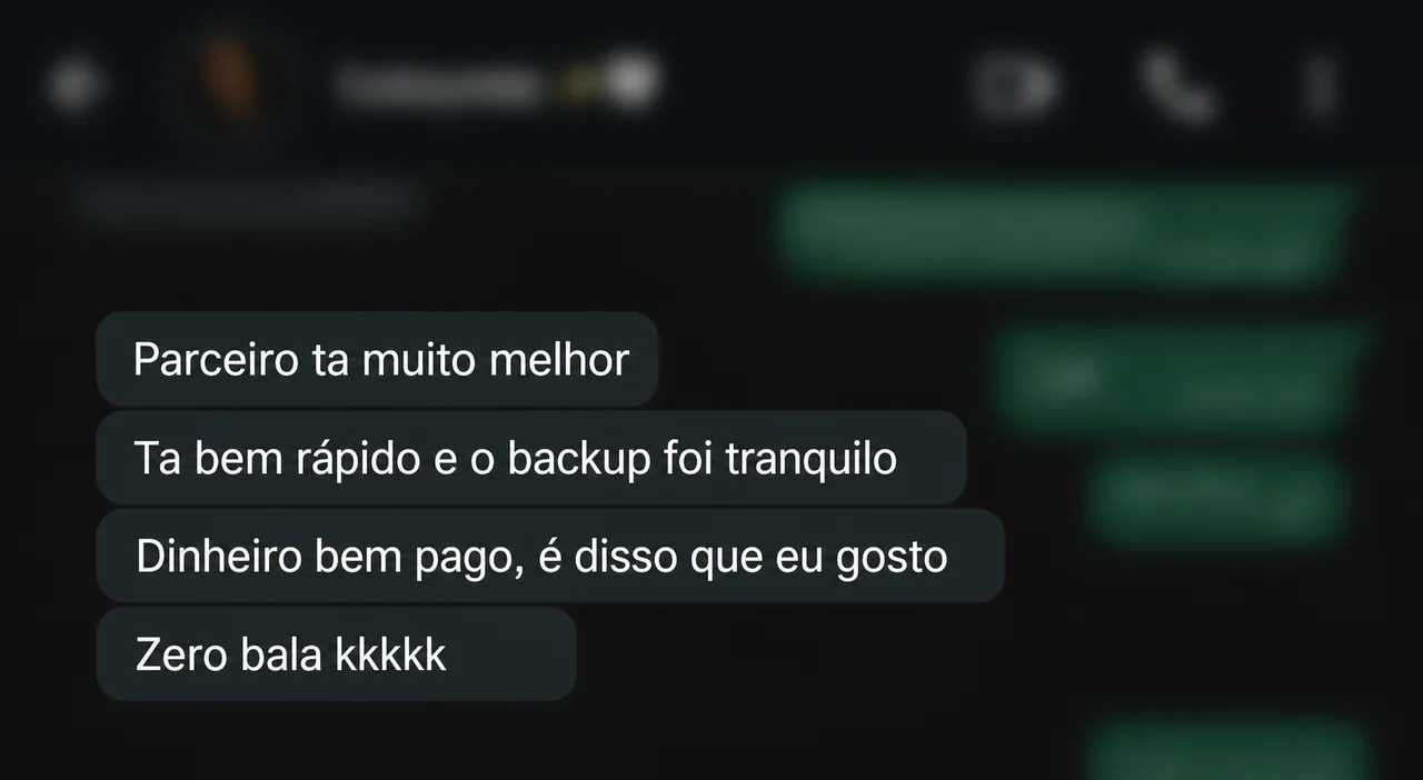 Mensagem anonimizada de cliente relatando melhora de velocidade e backup tranquilo